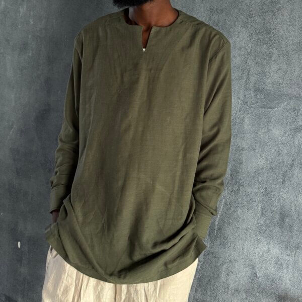 Zunna Lagos Linen Shirt/ V-Slit Neckline/ Green/ Available in L & XL