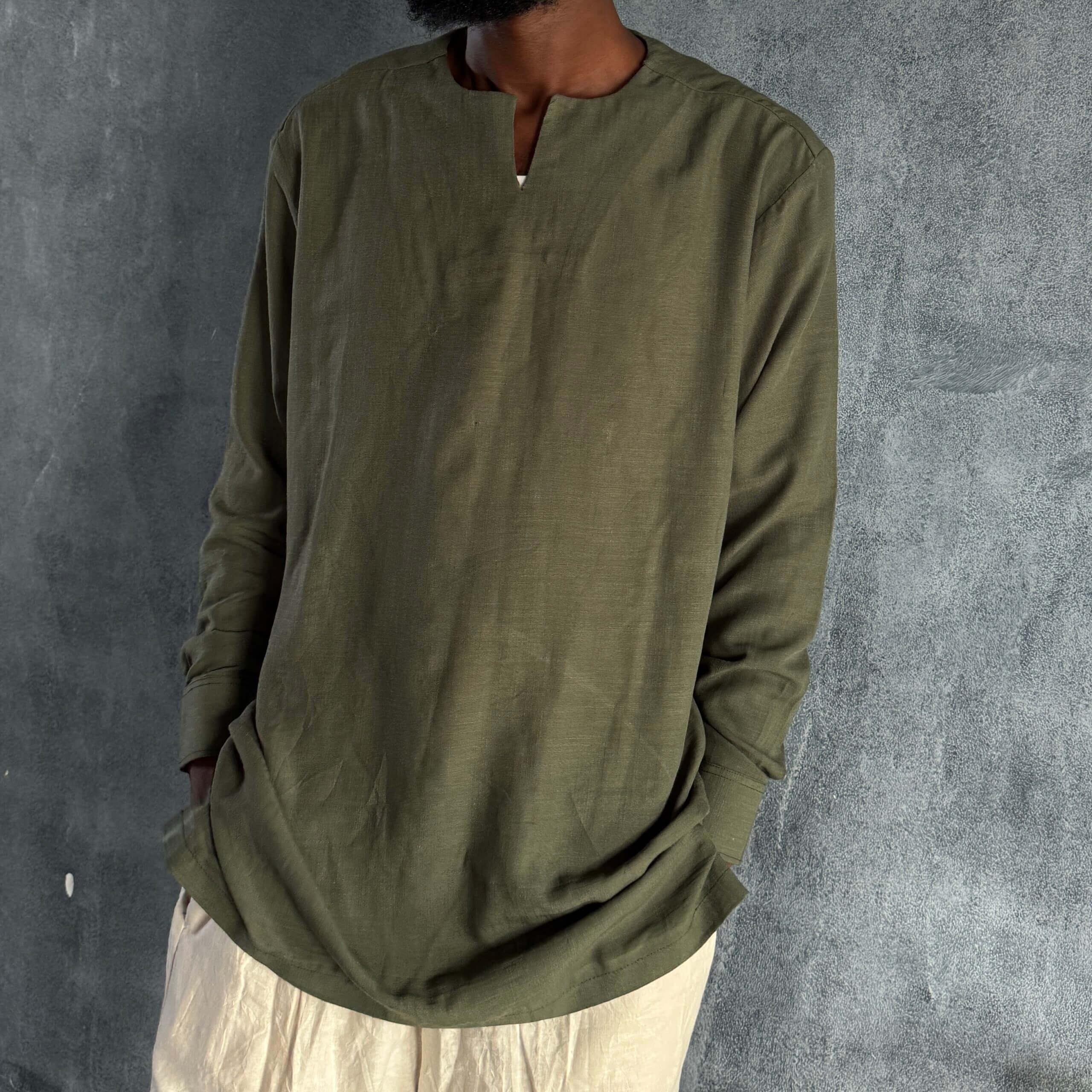 Zunna Lagos Linen Shirt/ V-Slit Neckline/ Green/ Available in L & XL
