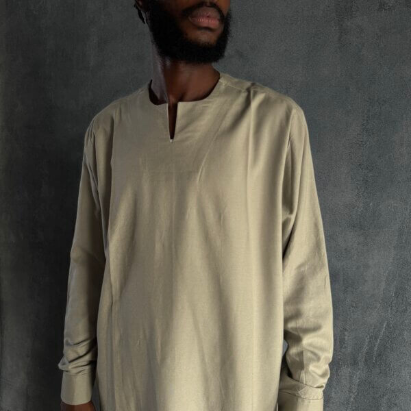 Zunna Lagos Linen Shirt/ V-Slit Neckline/ Stone Taupe/ Available in XL