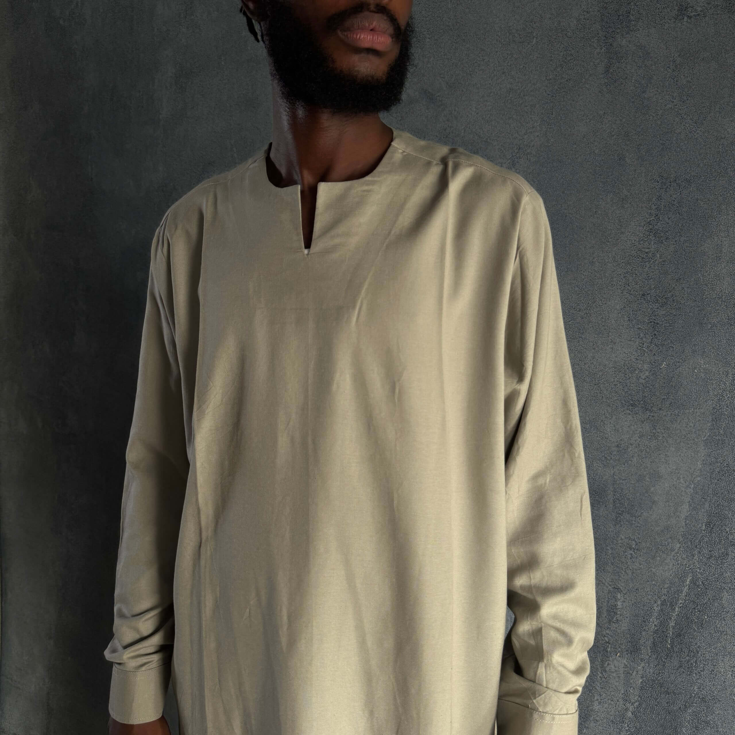 Zunna Lagos Linen Shirt/ V-Slit Neckline/ Stone Taupe/ Available in XL